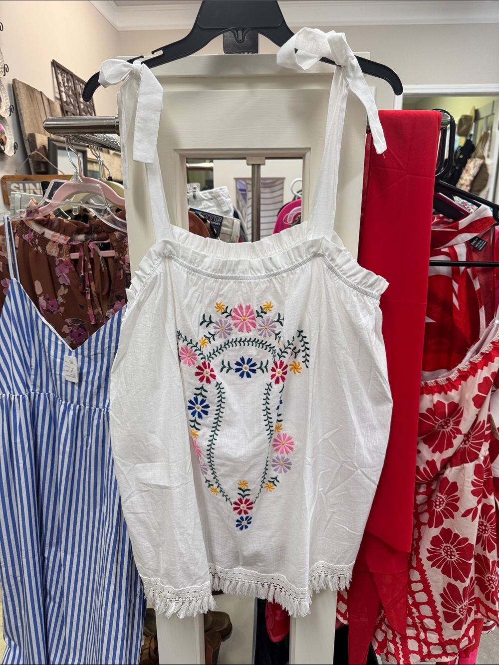 NWOT White Embroidered Tie-Shoulder Tank Top